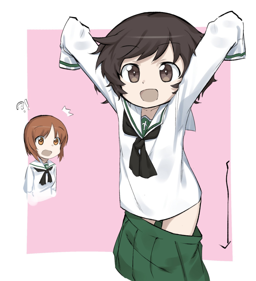 !?, /\/\/\, akiyama_yukari, arms_up, bangs, black_neckwear, blouse, brown_eyes