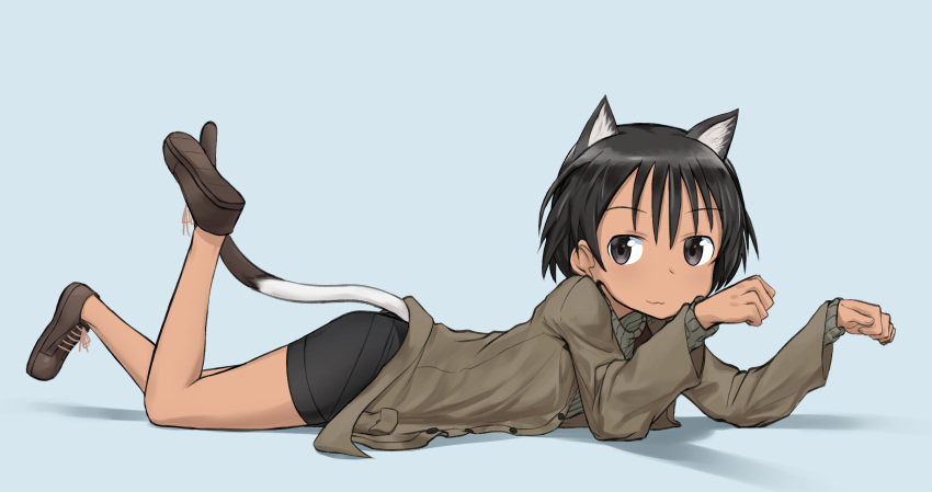 1girl, :3, animal_ears, bangs, bike_shorts, black_eyes, black_hair, black_shorts