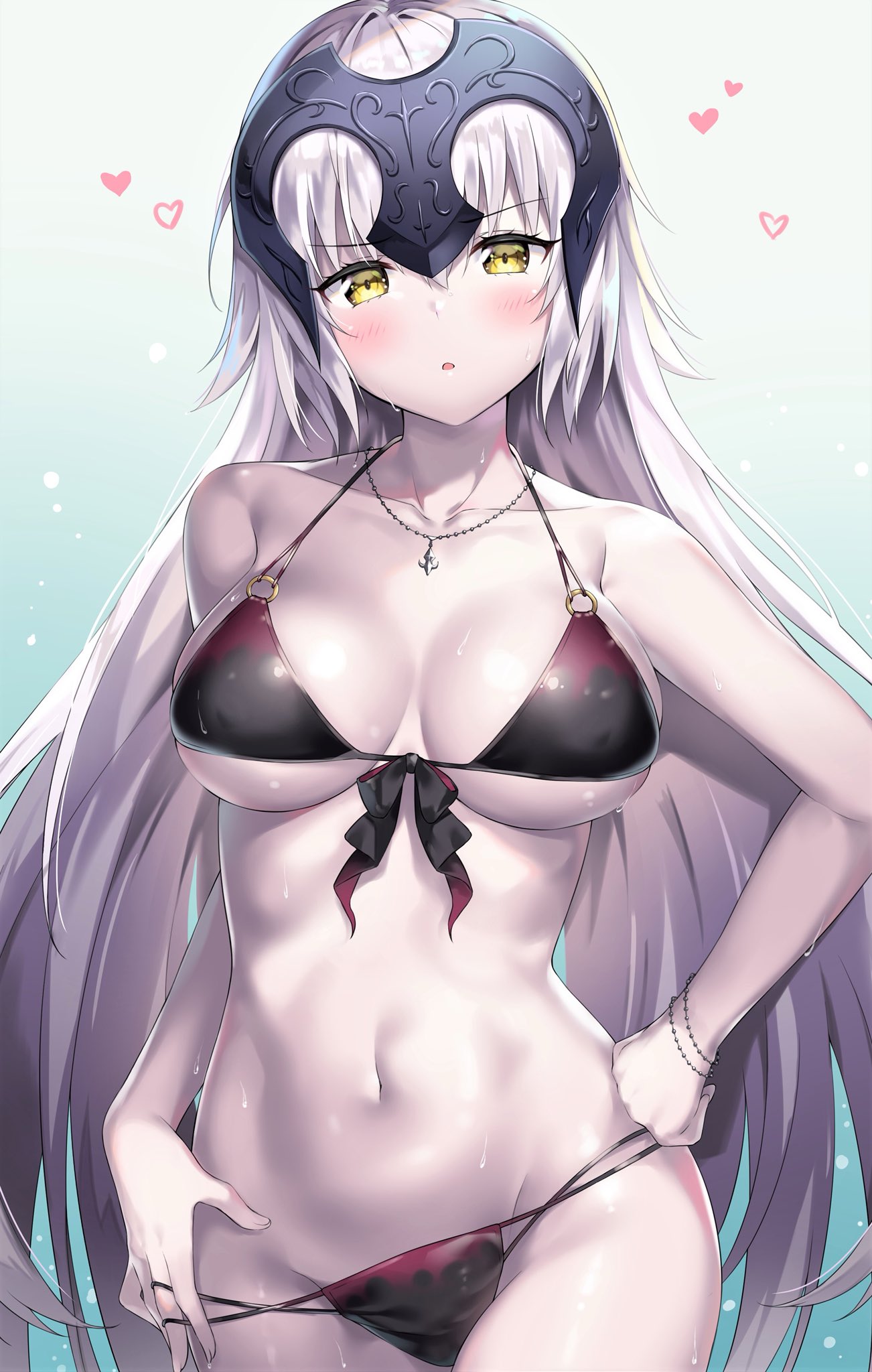 1girl, ahoge, ale_nqki, bangs, bare_shoulders, bikini, bikini_tug, black_bikini
