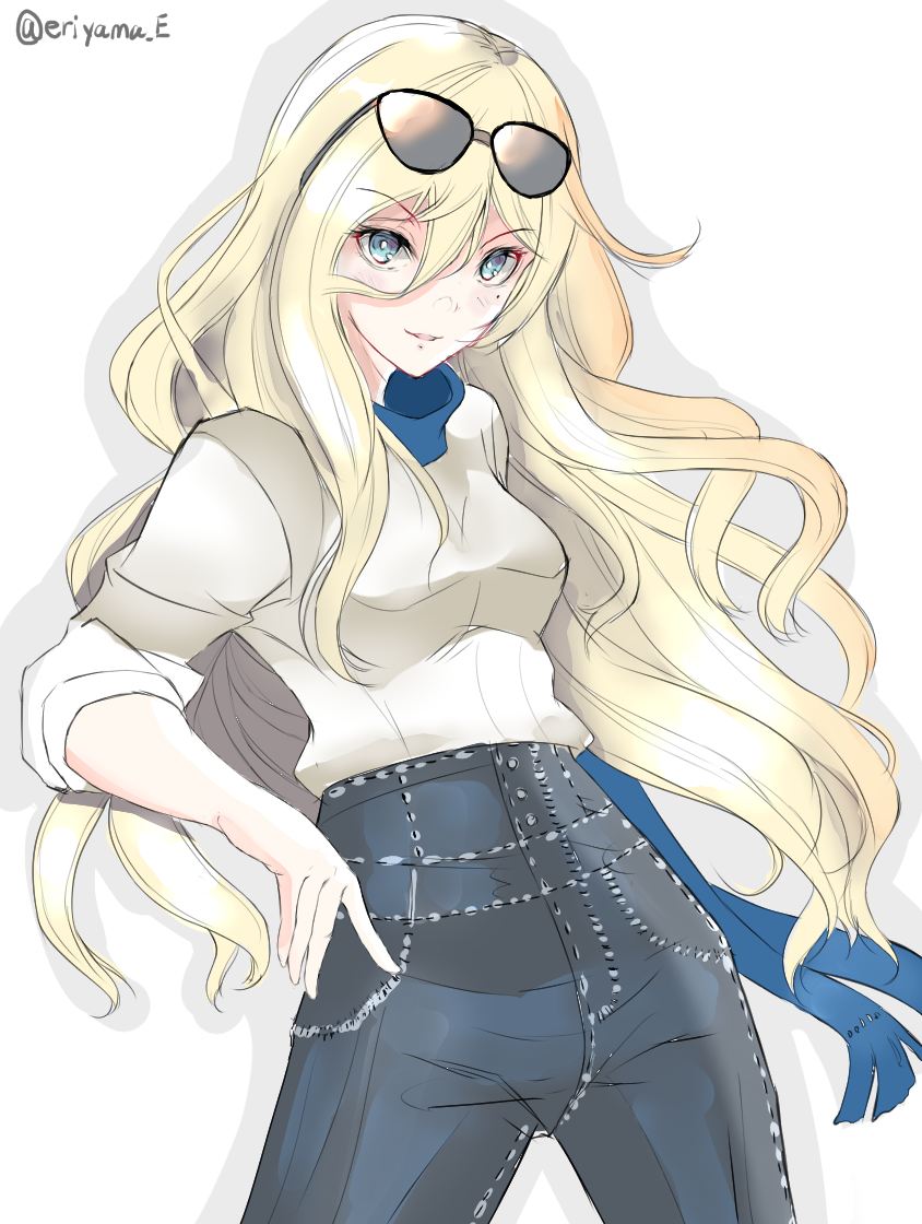 1girl, alternate_costume, blonde_hair, blue_eyes, blue_scarf, cowboy_shot, denim, eriyama_(user_csua4255), eyewear_on_head, hair_between_eyes, high-waist_pants, jeans, kantai_collection, long_hair, mole, mole_under_eye, mole_under_mouth, pants, richelieu_(kantai_collection), scarf, shirt, simple_background, solo, sunglasses, twitter_username, white_background, white_shirt