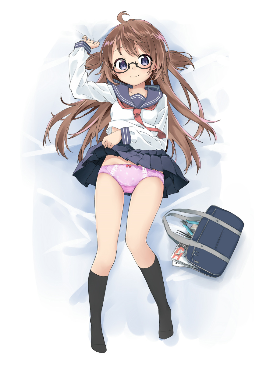 1girl, absurdres, ahoge, amemiya_sekira, bag, bed_sheet, black-framed_eyewear, black_legwear, black_skirt, blue_sailor_collar, blush, bow, bow_panties, brown_hair, closed_mouth, collarbone, commentary_request, head_tilt, highres, kneehighs, lifted_by_self, long_hair, long_sleeves, looking_at_viewer, lying, necktie, no_shoes, on_back, original, panties, pink_panties, pleated_skirt, polka_dot, polka_dot_panties, red_neckwear, sailor_collar, school_bag, school_uniform, sekira_ame, semi-rimless_eyewear, serafuku, sheet_grab, shirt, skirt, skirt_lift, sleeves_past_wrists, smile, solo, tweezers, two_side_up, under-rim_eyewear, underwear, very_long_hair, violet_eyes, white_shirt