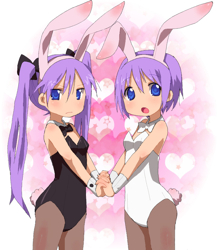 blue_eyes, bunny_ears, bunnysuit, flat_chest, hand_holding, hiiragi_kagami, hiiragi_tsukasa, holding_hands, long_hair, lucky_star, oekaki, pantyhose, purple_hair, rabbit_ears, short_hair, siblings, sisters, twins, twintails, ydkw