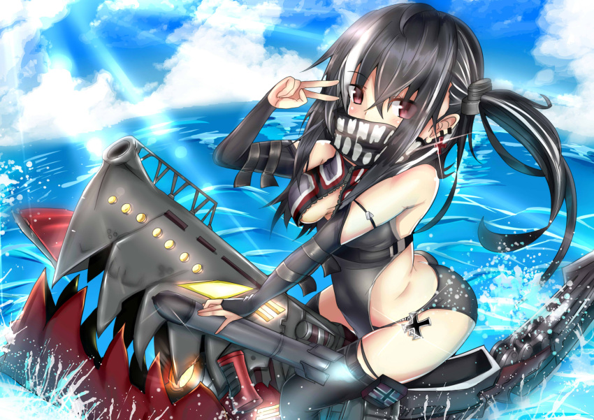 1girl, absurdres, arm_warmers, azur_lane, black_hair, breasts, clouds, commentary_request