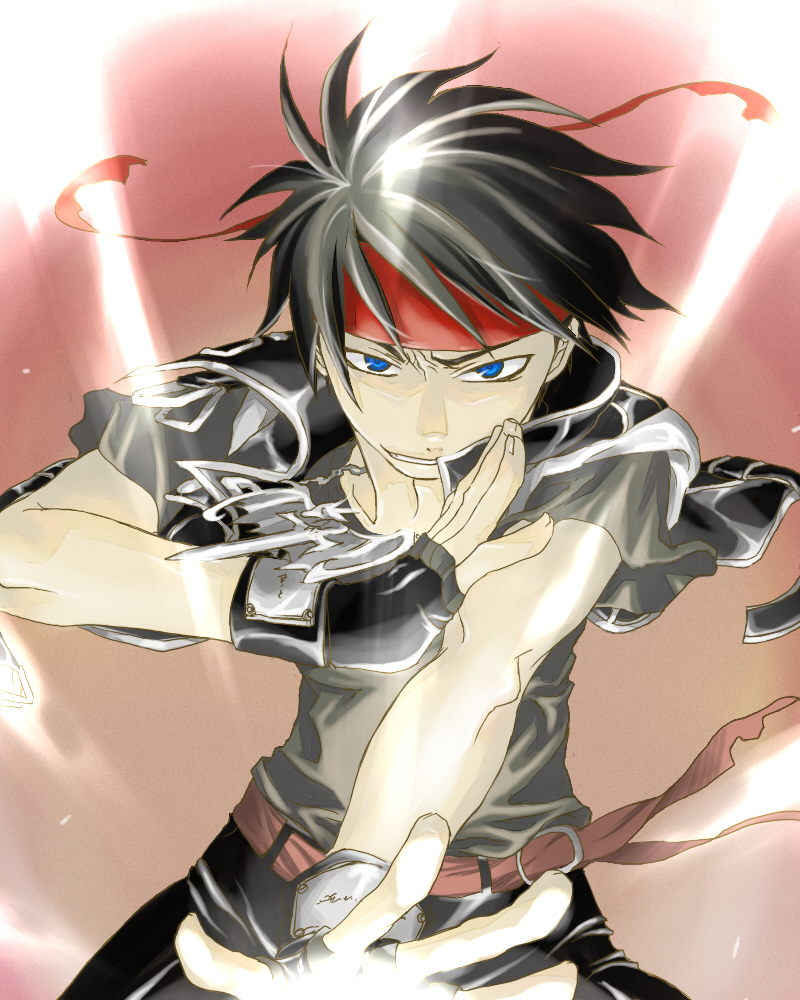 bad_id, black_hair, blue_eyes, fingerless_gloves, gloves, headband, kittaka_kaname, majutsushi_orphen