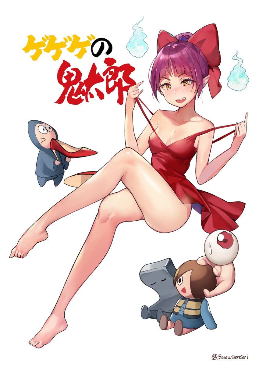 1girl, bangs, bare_legs, bare_shoulders, barefoot, blunt_bangs, bow, breasts