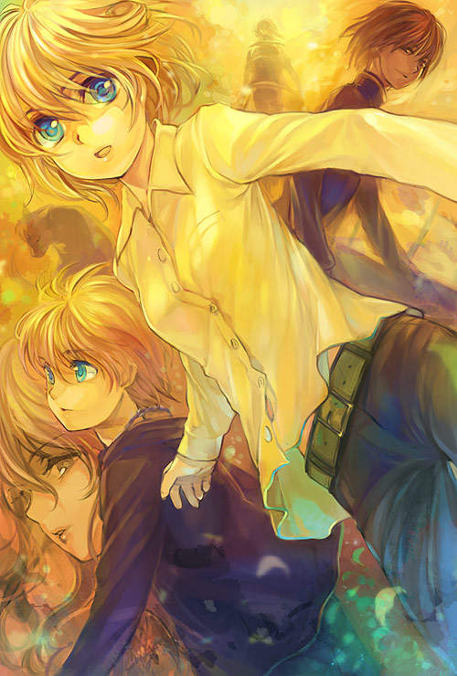 ame_yamori, belt, blonde_hair, blue_eyes, cleo_everlastin, green_eyes, hartia, leki