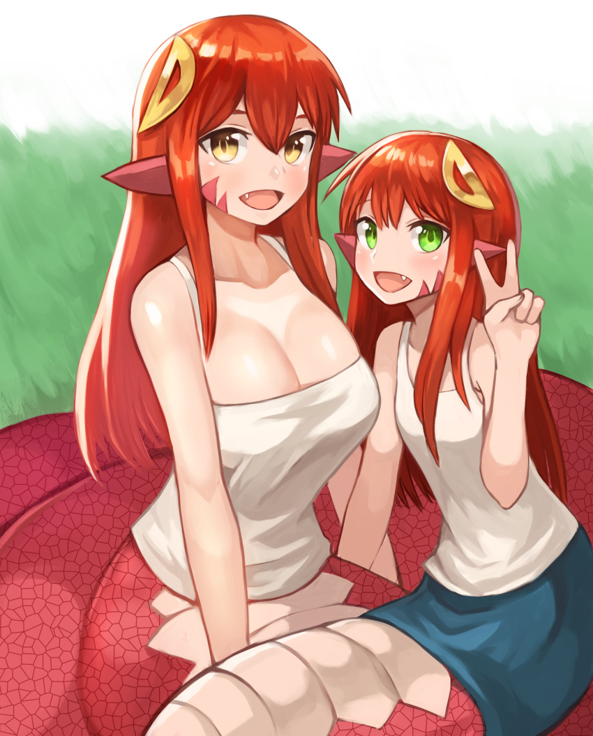 2girls, :d, absurdres, breasts, cherry_(snekfag), commission, fang, green_eyes, hair_between_eyes, hair_ornament, hairclip, highres, lamia, large_breasts, long_hair, looking_at_viewer, miia_(monster_musume), monster_girl, monster_musume_no_iru_nichijou, mother_and_daughter, multiple_girls, open_mouth, original, pointy_ears, redhead, scales, smile, sookmo, v, yellow_eyes