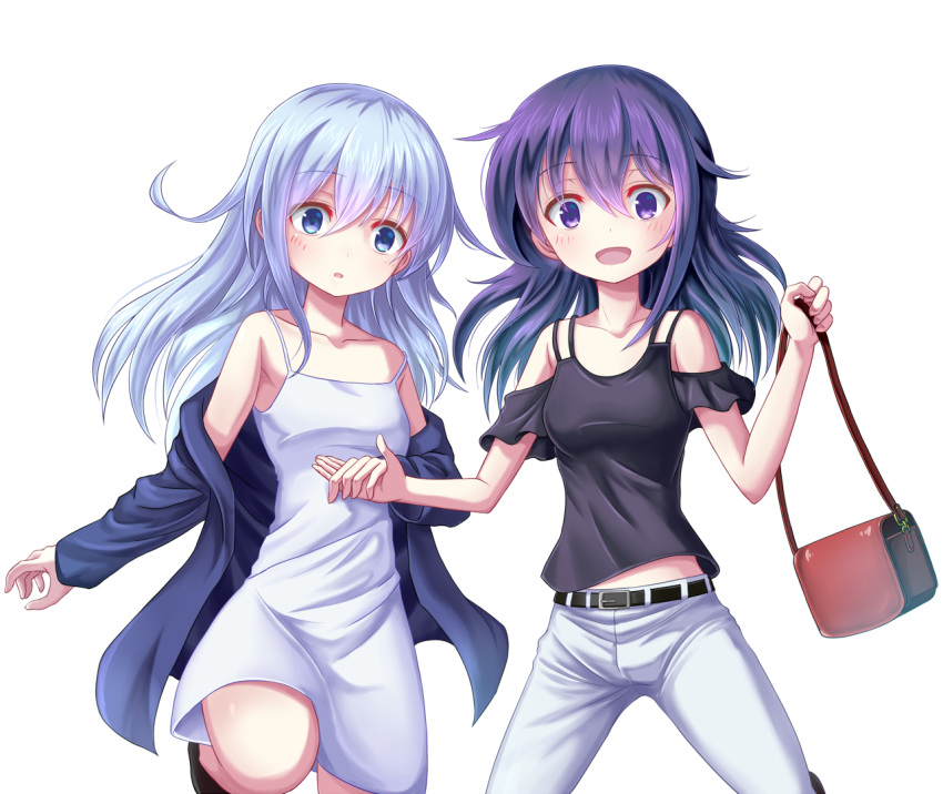 2girls, akatsuki_(kantai_collection), bag, blue_eyes, blush, breasts, denim, dress