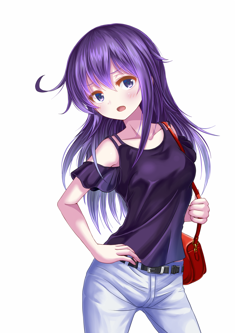 1girl, akatsuki_(kantai_collection), bag, blush, breasts, denim, eyebrows_visible_through_hair, hair_between_eyes