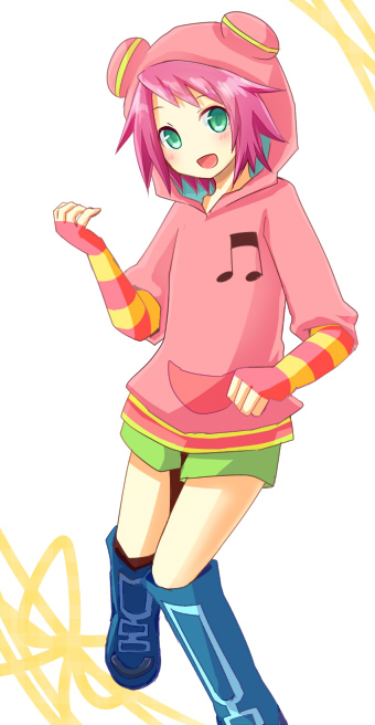 1girl, air_guitar, arupiyo_(catcat721), bangs, blue_footwear, blush, boots, child, commentary_request, elbow_gloves, fingerless_gloves, gloves, green_eyes, green_shorts, hibiki_misora, hood, hoodie, knee_boots, knees_together_feet_apart, musical_note, open_mouth, pocket, purple_hair, rockman, ryuusei_no_rockman, short_hair, short_shorts, shorts, smile, solo