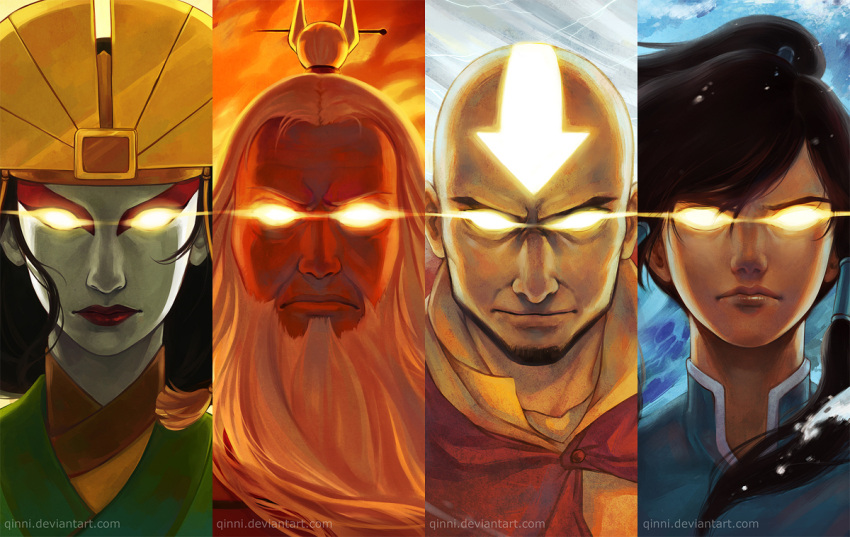 2boys, 2girls, aang, avatar:_the_last_airbender, avatar_legends, bald, beard, black_hair