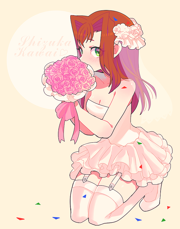 1girl, blush, breasts, brown_hair, cleavage, commentary_request, dress, flower