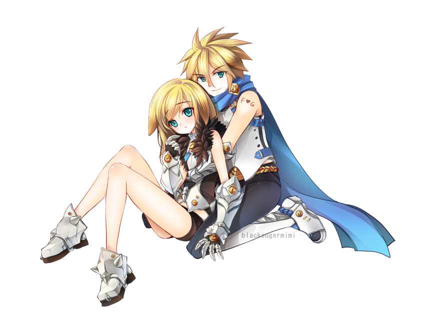 2boys, armor, blue_eyes, blush, chung_seiker, elsword, fury_guardian_(elsword), highres, hug, kokutou_mimi, multiple_boys, scarf, shooting_guardian_(elsword), tagme, thigh-highs, trap