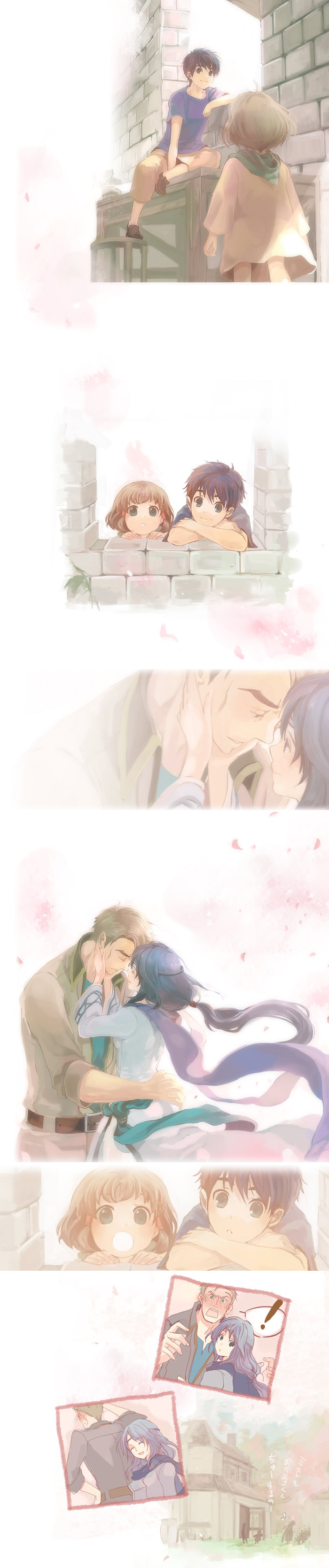 artist_request, blue_eyes, blue_hair, blush, brown_hair, child, couple, elena_(fire_emblem), family, fire_emblem, fire_emblem:_souen_no_kiseki, fire_emblem_path_of_radiance, fire_emblem_radiant_dawn, green_eyes, greil, hanakago, headband, highres, ike, mist, mist_(fire_emblem), scarf, smile, translated, young