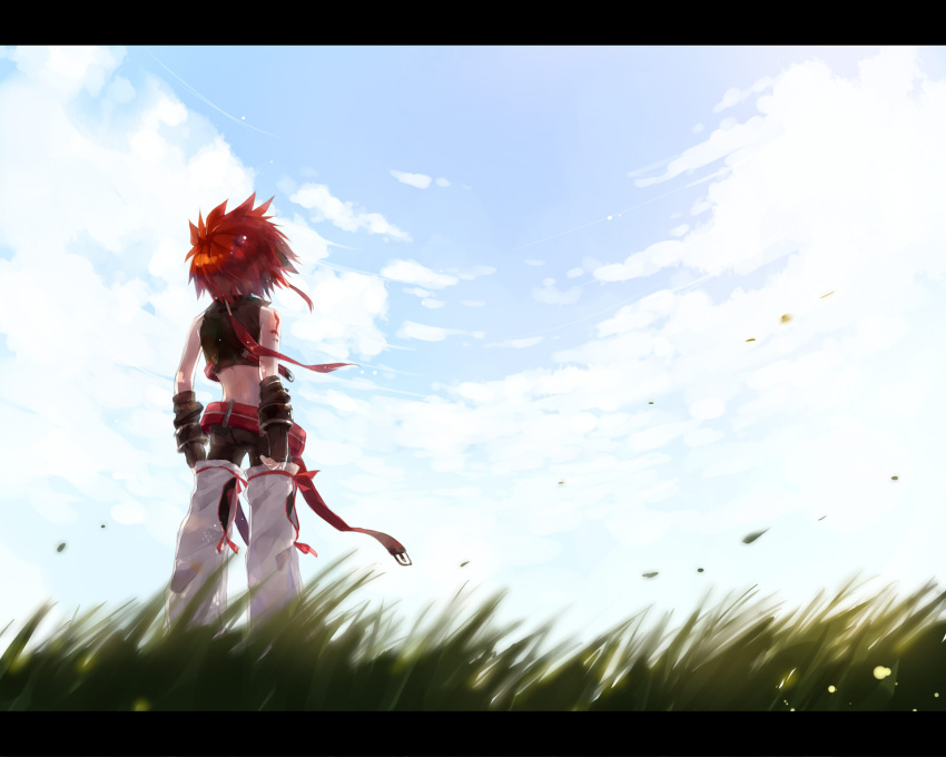 1boy, bare_shoulders, belt, elsword, elsword_(character), fingerless_gloves, gloves, grasslands