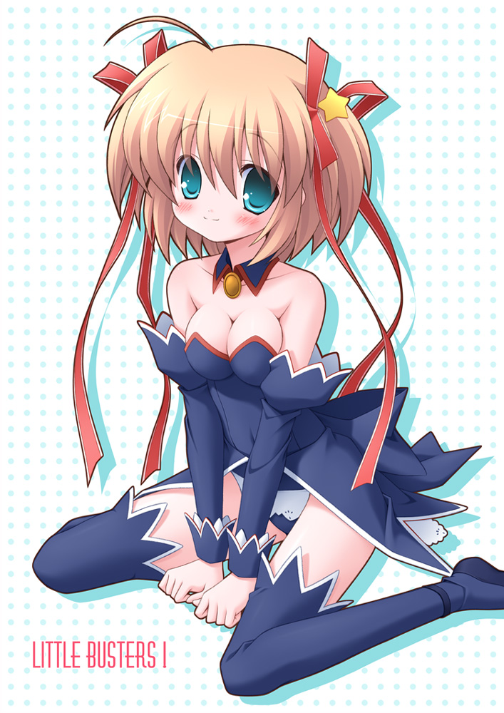 angel_mort, bare_shoulders, blonde_hair, breasts, cleavage, cosplay, elbow_gloves, gloves