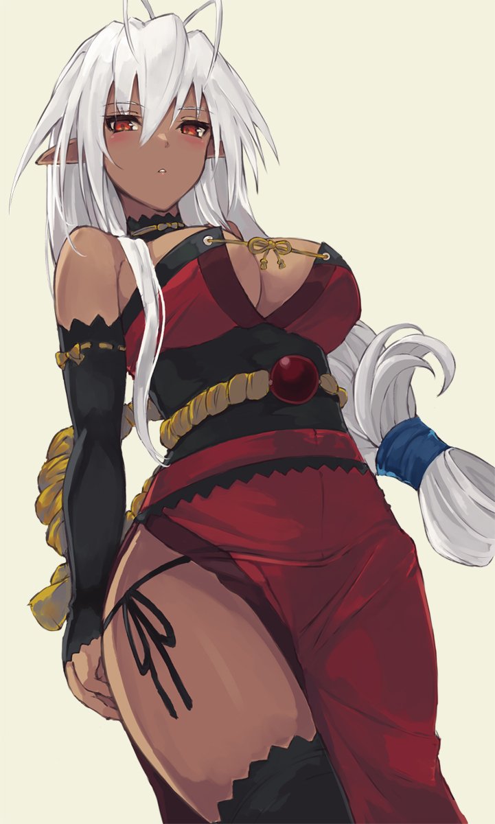 1girl, antenna_hair, bare_shoulders, black_legwear, black_panties, blush, breasts, cowboy_shot