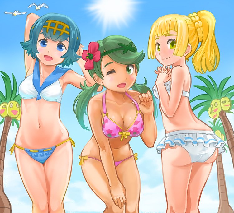 3girls, alolan_form, arms_behind_head, ass, bent_over, bikini, blonde_hair, blue_hair