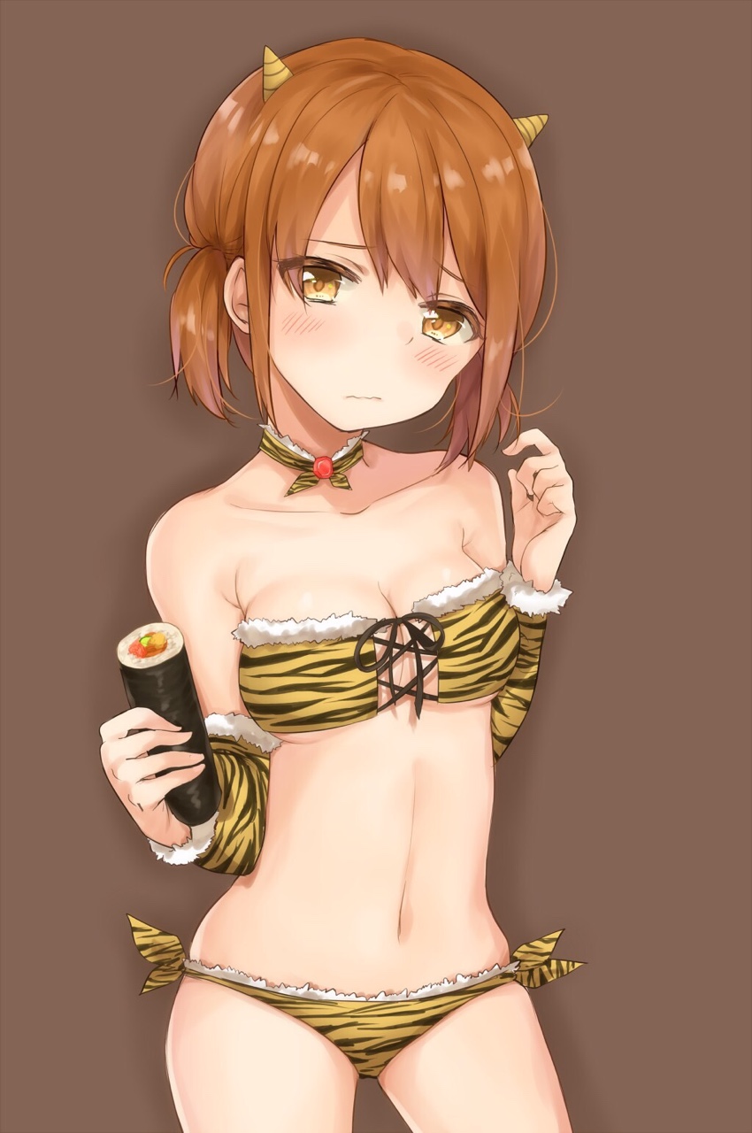 1girl, alternate_costume, animal_print, bikini, blush, breasts, brown_background, brown_eyes