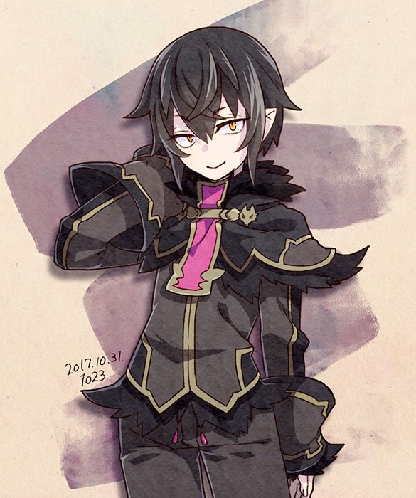 1023, 1boy, artist_name, black_hair, dated, hair_between_eyes, killian_phegor, looking_at_viewer, male_focus, pointy_ears, pop-up_story, school_uniform, shinigami, smile, solo, st._feles_gakuen_uniform, yellow_eyes