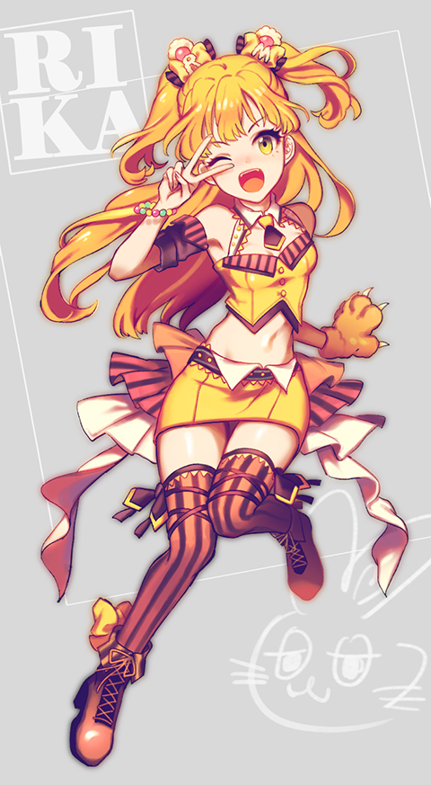1girl, ;d, ankle_boots, armpits, bangs, bare_shoulders, bead_bracelet, beads, blonde_hair, boot_bow, boots, bow, bracelet, breasts, character_name, cheong_ha, claws, cleavage_cutout, cross-laced_footwear, detached_sleeves, eyelashes, fangs, full_body, gloves, grey_background, hair_bow, hand_up, idolmaster, idolmaster_cinderella_girls, jewelry, jougasaki_rika, jumping, knees_together_feet_apart, lace-up_boots, long_hair, looking_at_viewer, miniskirt, navel, necktie, one_eye_closed, open_mouth, paw_gloves, paws, pencil_skirt, shiny, shiny_hair, short_necktie, short_sleeves, simple_background, single_paw_glove, skinny, skirt, small_breasts, smile, solo, stomach, striped, striped_legwear, two_side_up, upskirt, v, v_over_eye, vertical-striped_legwear, vertical_stripes, wing_collar, yellow_bow, yellow_eyes, yellow_footwear, yellow_legwear, yellow_skirt