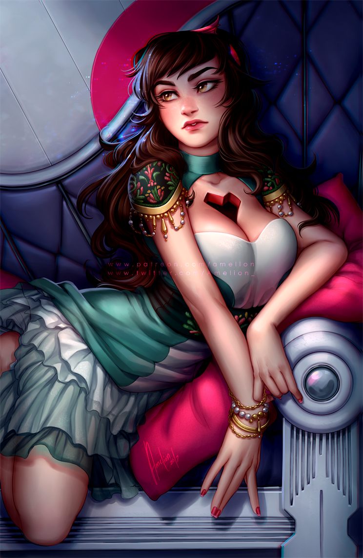 1girl, 2017, amelion, bracelet, breasts, brown_eyes, brown_hair, cleavage, commentary, couch, dress, english_commentary, eyelashes, green_dress, hair_ornament, heart_cutout, hole_in_chest, jewelry, large_breasts, lips, looking_to_the_side, mea_koenig, nail_polish, nose, original, reclining, signature, solo, thick_eyebrows, watermark, web_address