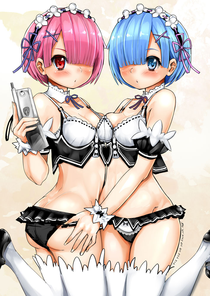 2girls, armlet, ass, ass_grab, bangs, black_footwear, black_hairband, black_panties, black_shirt, blue_eyes, blue_hair, blue_neckwear, blush, bow, bow_panties, breast_press, breasts, butt_crack, camisole, cellphone, cleavage, closed_mouth, commentary_request, cowboy_shot, crop_top, dated, detached_collar, frilled_panties, frills, hair_ornament, hair_over_one_eye, hairband, holding, holding_cellphone, holding_phone, leg_up, legs, looking_at_viewer, maid, multiple_girls, navel, neck_ribbon, nobusaga41, panties, phone, pink_hair, ram_(re:zero), re:zero_kara_hajimeru_isekai_seikatsu, red_eyes, rem_(re:zero), ribbon, shirt, shoes, short_hair, siblings, sisters, small_breasts, standing, standing_on_one_leg, symmetrical_docking, thigh-highs, twins, underwear, underwear_only, white_collar, white_legwear, wristband, x_hair_ornament