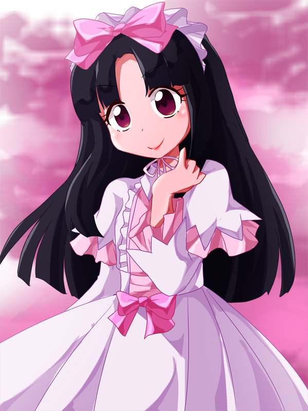 black_hair, capelet, fusano_kirara, gegege_no_kitarou, gothic_lolita, hairband, lolita_fashion, long_hair, long_sleeves, pink_background, red_eyes, shishinon