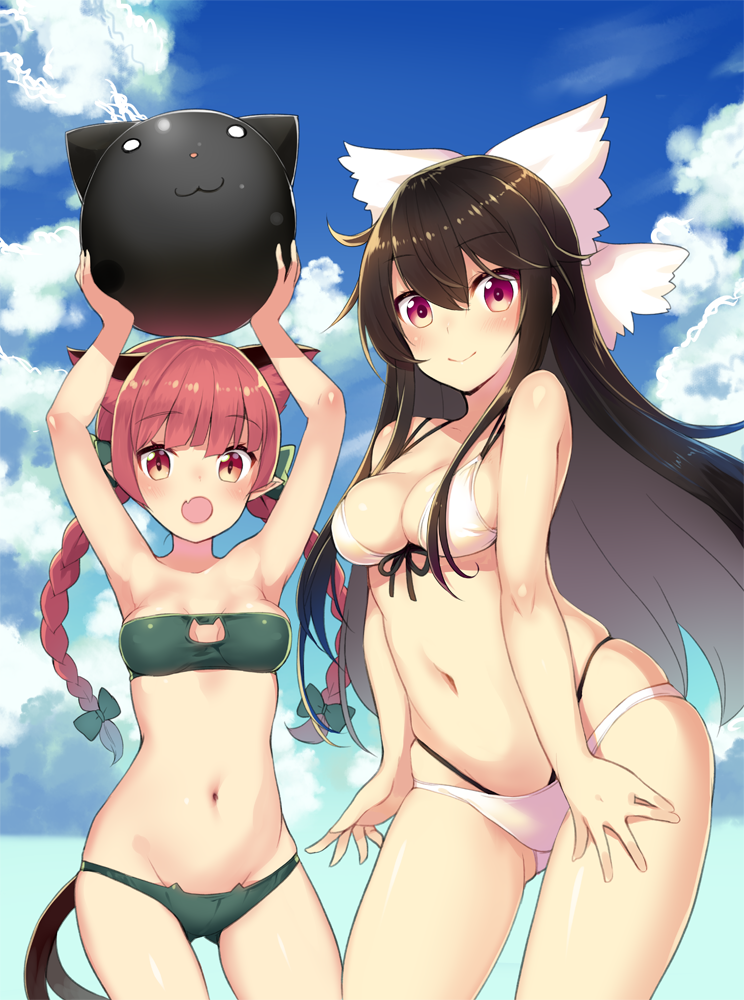 2girls, :o, animal_ears, arms_up, bandeau, bikini, black_hair, braid, breasts, cat_cutout, cat_ear_bikini, cleavage, cowboy_shot, eyebrows_visible_through_hair, fang, front-tie_bikini, front-tie_top, gluteal_fold, gradient, gradient_background, green_bikini, kaenbyou_rin, layered_bikini, long_hair, looking_at_viewer, lowleg, lowleg_bikini, medium_breasts, meme_attire, minamura_haruki, multiple_girls, multiple_tails, navel, pink_hair, pointy_ears, red_eyes, reiuji_utsuho, sidelocks, simple_background, skindentation, smile, swimsuit, tail, touhou, twin_braids, very_long_hair, white_bikini