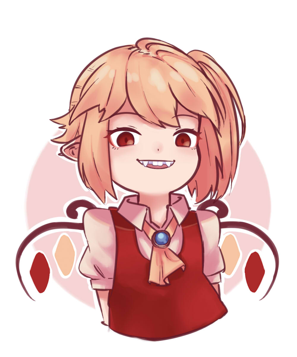 1girl, arms_behind_back, ascot, blonde_hair, brooch, circle, commentary, crooked_teeth