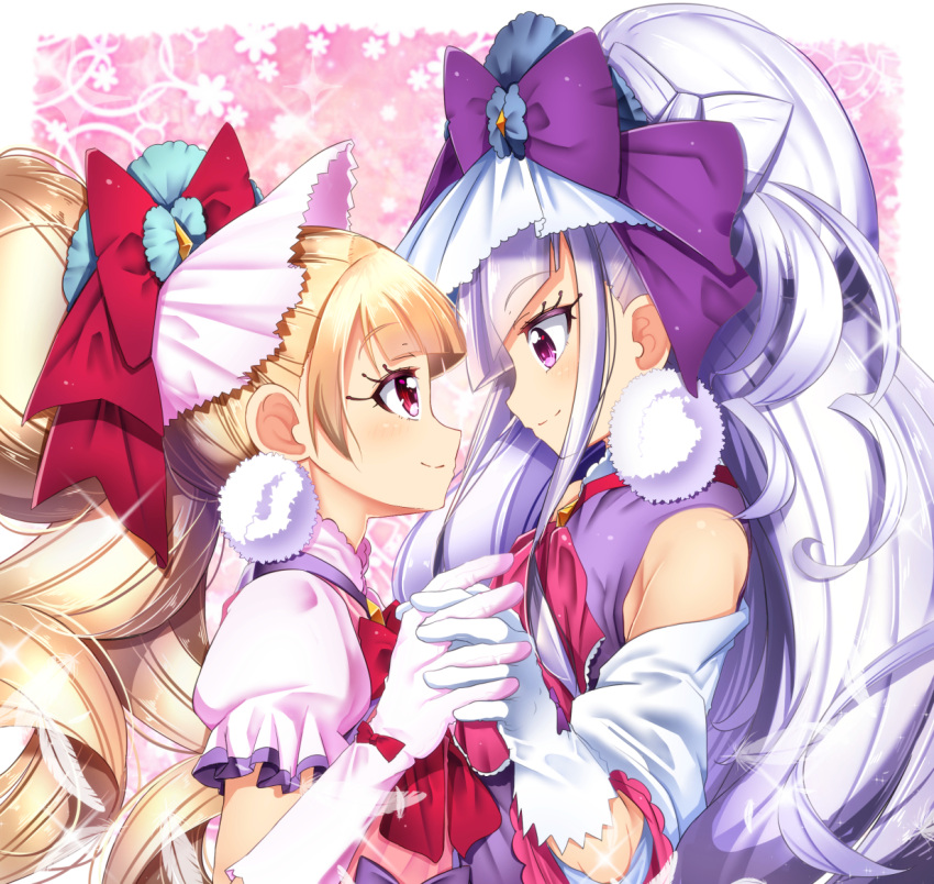 2girls, aisaki_emiru, bangs, blonde_hair, bow, cure_amour, cure_macherie, eye_contact
