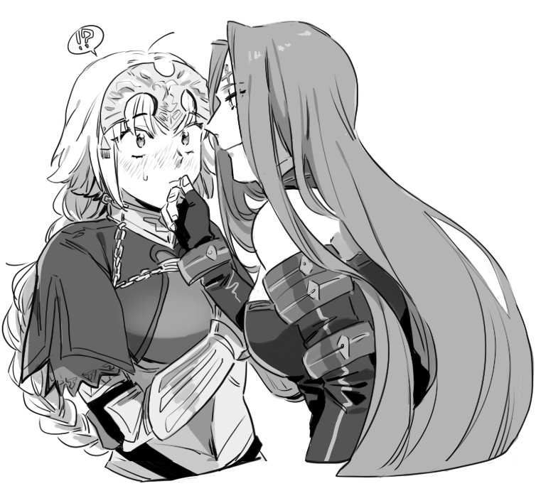!?, 2girls, bad_id, bad_twitter_id, bare_shoulders, blush, chains, face-to-face, facial_mark, fate/apocrypha, fate/extella, fate/extra, fate/stay_night, fate_(series), finger_to_another's_mouth, fingerless_gloves, forehead_mark, gauntlets, gloves, greyscale, headpiece, jeanne_d'arc_(fate), jeanne_d'arc_(fate)_(all), long_braid, long_hair, looking_at_another, monochrome, multiple_girls, nogamichi, rider, smile, spoken_interrobang, upper_body, white_background, yuri