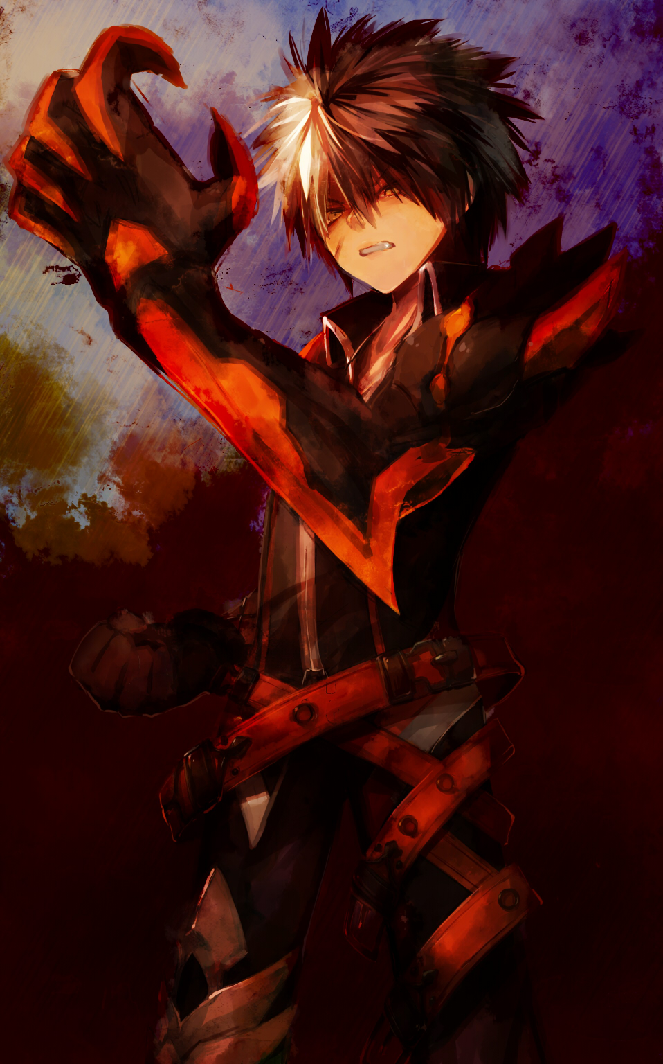 1boy, belt, black_gloves, black_shirt, clenched_teeth, elsword, gloves, highres