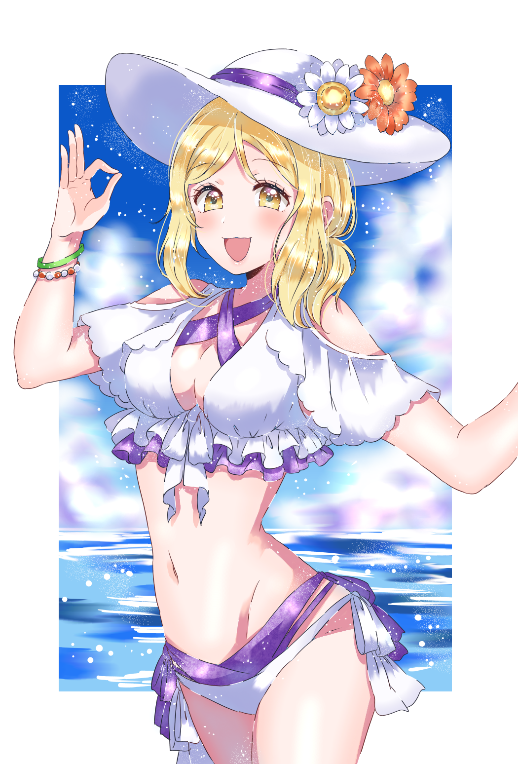 1girl, :d, bangs, blonde_hair, blush, bracelet, breasts, cleavage