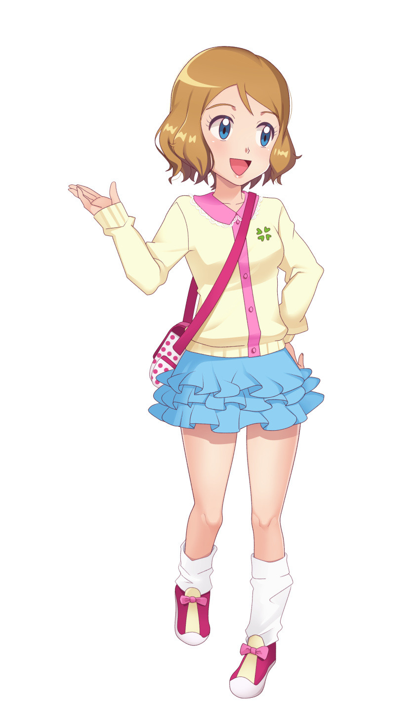 1girl, :d, absurdres, bag, blue_eyes, blue_skirt, brown_hair, cosplay, full_body, gazing_eye, hand_on_hip, highres, layered_skirt, looking_to_the_side, loose_socks, miniskirt, open_mouth, short_hair, skirt, smile, solo, transparent_background, walking, white_legwear, yotsuba_kokoro, yotsuba_kokoro_(cosplay)