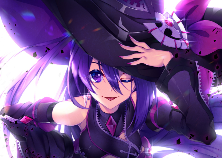 1girl, ;), backlighting, black_hat, bow, breasts, cross, cross_earrings