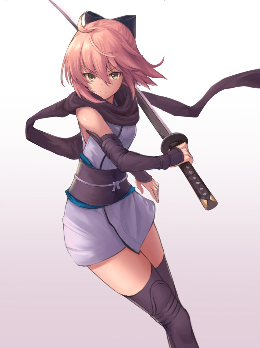 1girl, absurdres, black_bow, black_legwear, black_scarf, blonde_hair, bow, detached_sleeves