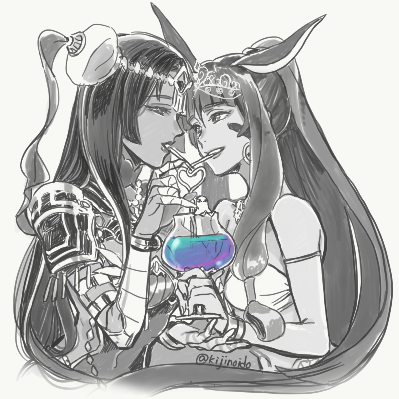 2girls, animal_ears, bangs, bracelet, circlet, commentary, crazy_straw, drinking_straw