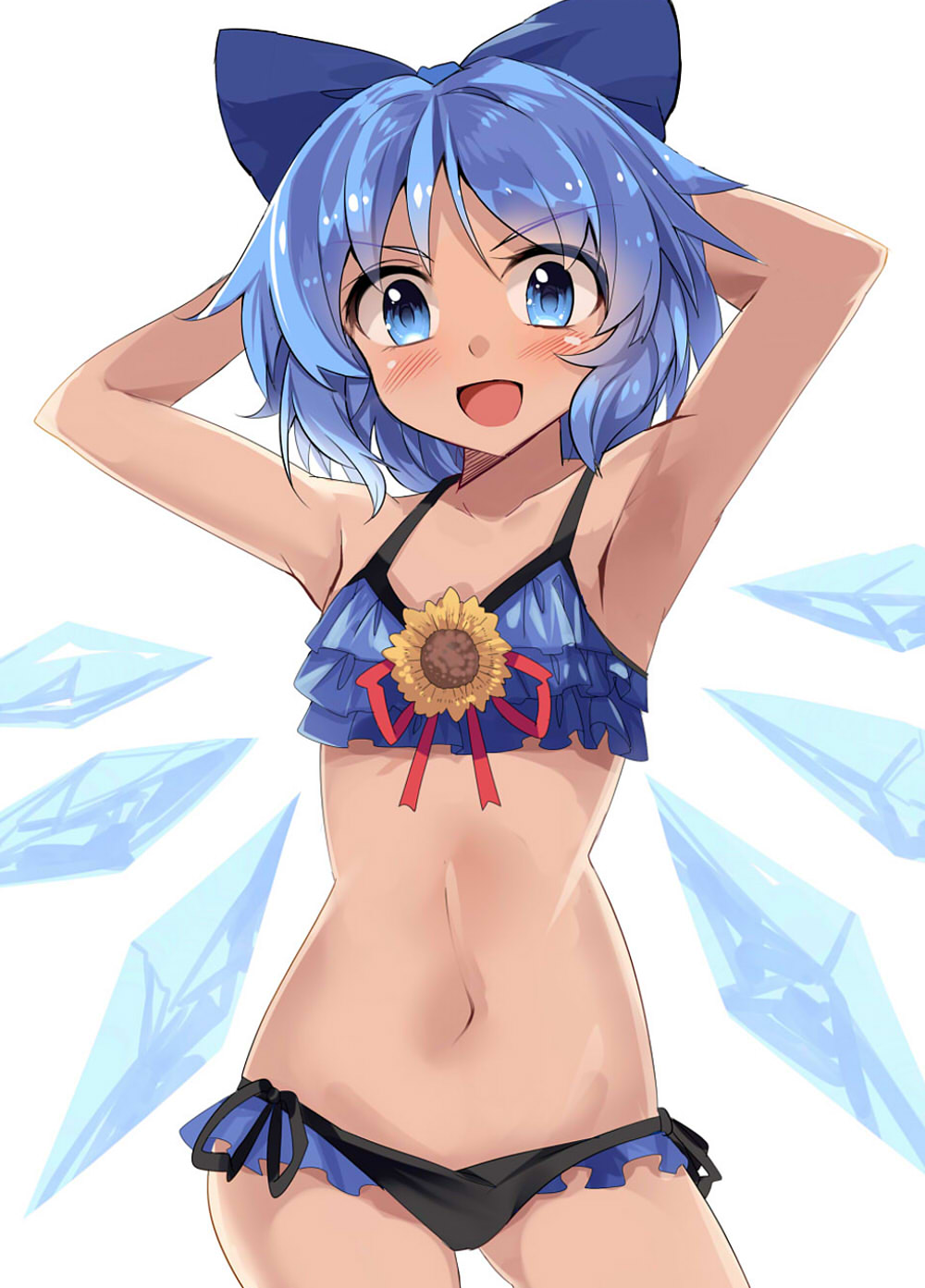 1girl, :d, armpits, arms_behind_head, arms_up, bangs, bikini, black_ribbon