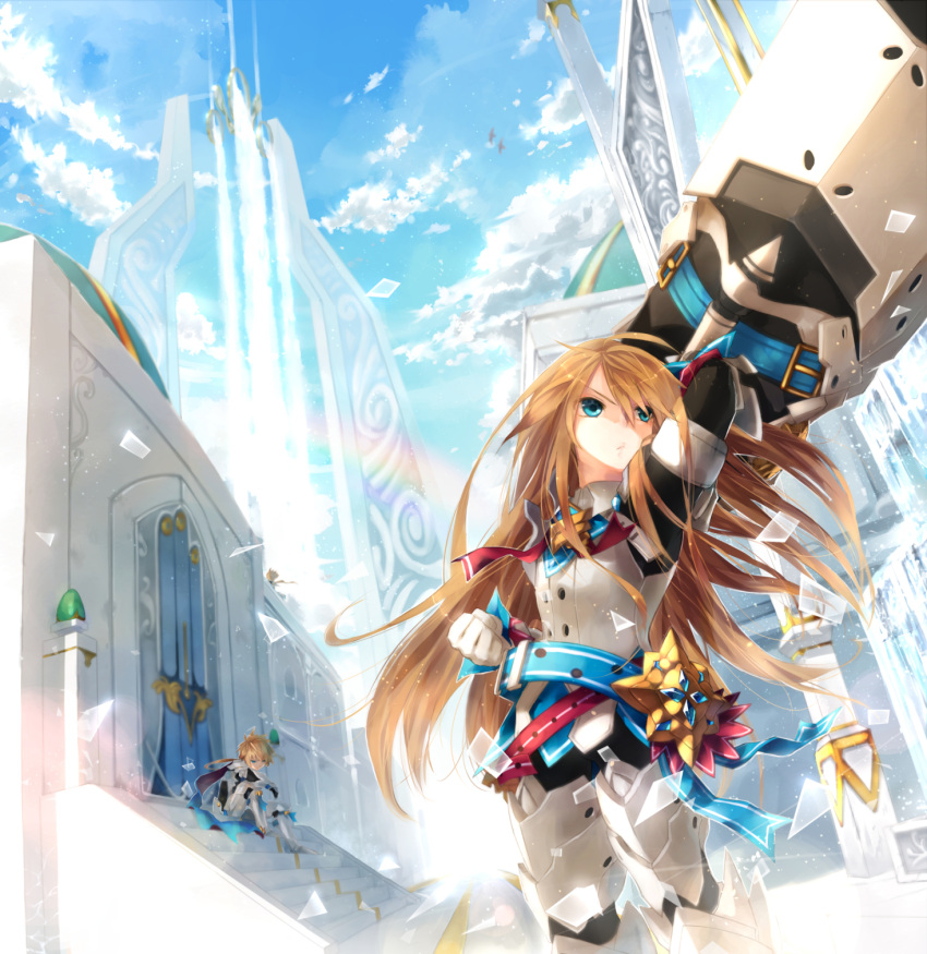 2boys, armor, belt, bird, cannon, chung_seiker, cityscape, deadly_chaser_(elsword)