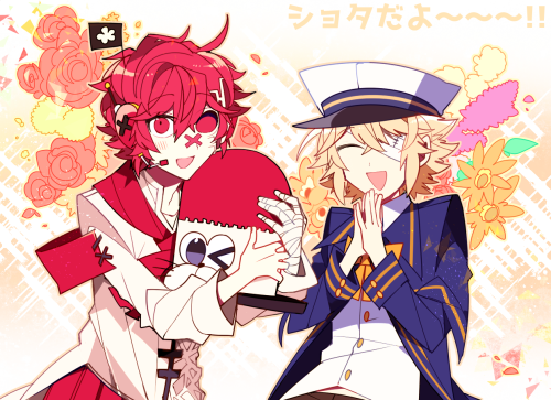 2boys, bandage, bandage_over_one_eye, blonde_hair, coat, fukase, hat, hat_removed