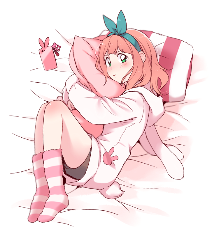 1girl, :t, animal_ears, animal_hood, aqua_hairband, aqua_ribbon, bang_dream!, bangs