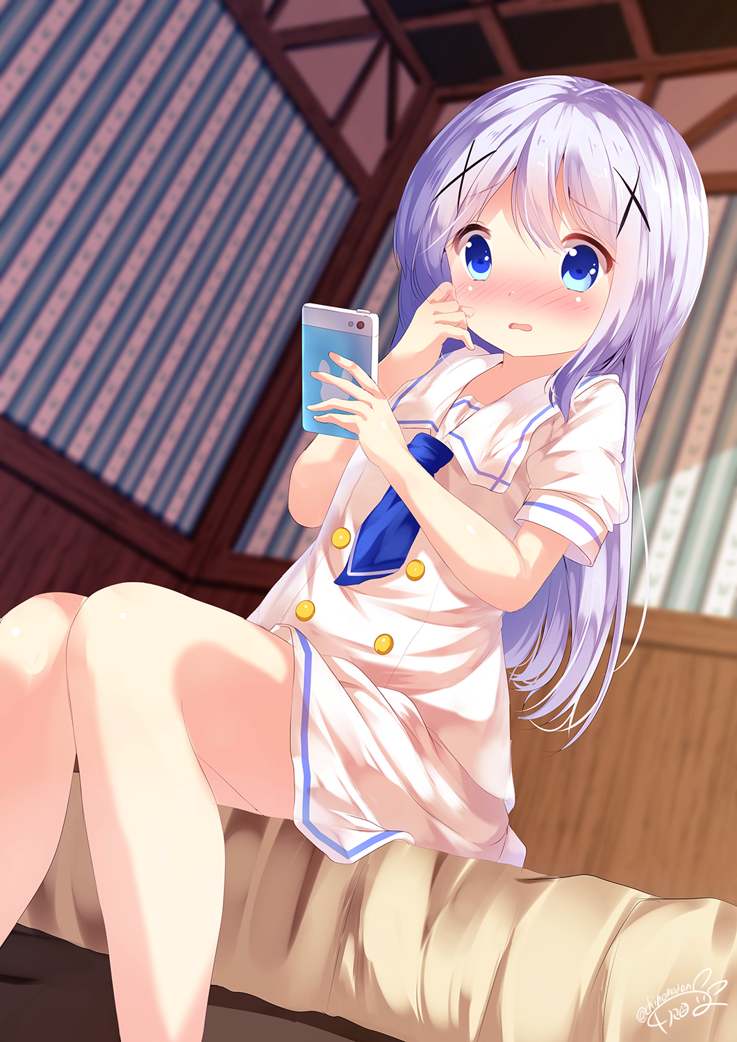 1girl, bangs, blue_eyes, blue_hair, blue_neckwear, blurry, blurry_background, blush