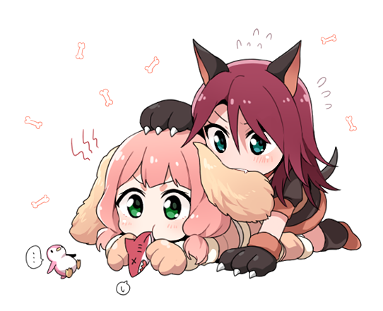 ..., 2girls, all_fours, animal_ears, bang_dream!, bangs, biting, blue_eyes, bone, chew_toy, chibi, dog_ears, dog_tail, ear_biting, flying_sweatdrops, gloves, green_eyes, hair_between_eyes, hand_on_another's_head, long_hair, low_twintails, lying, medium_hair, multiple_girls, on_stomach, paw_gloves, paws, pink_hair, re_ghotion, redhead, simple_background, spoken_ellipsis, spoken_sweatdrop, sweatdrop, tail, twintails, udagawa_tomoe, uehara_himari, v-shaped_eyebrows, white_background