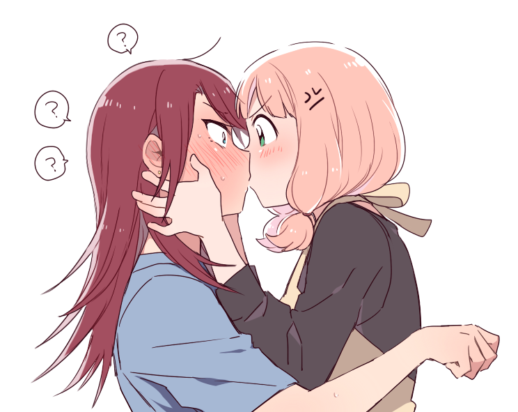 2girls, ?, anger_vein, angry, bang_dream!, black_shirt, blue_shirt, blush