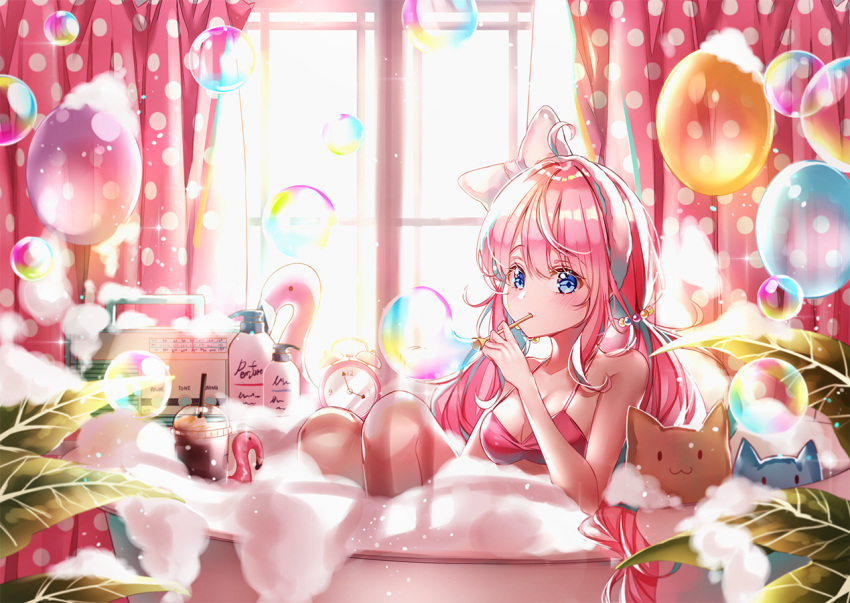 1girl, ahoge, alarm_clock, balloon, bangs, bath, bathing, bathtub