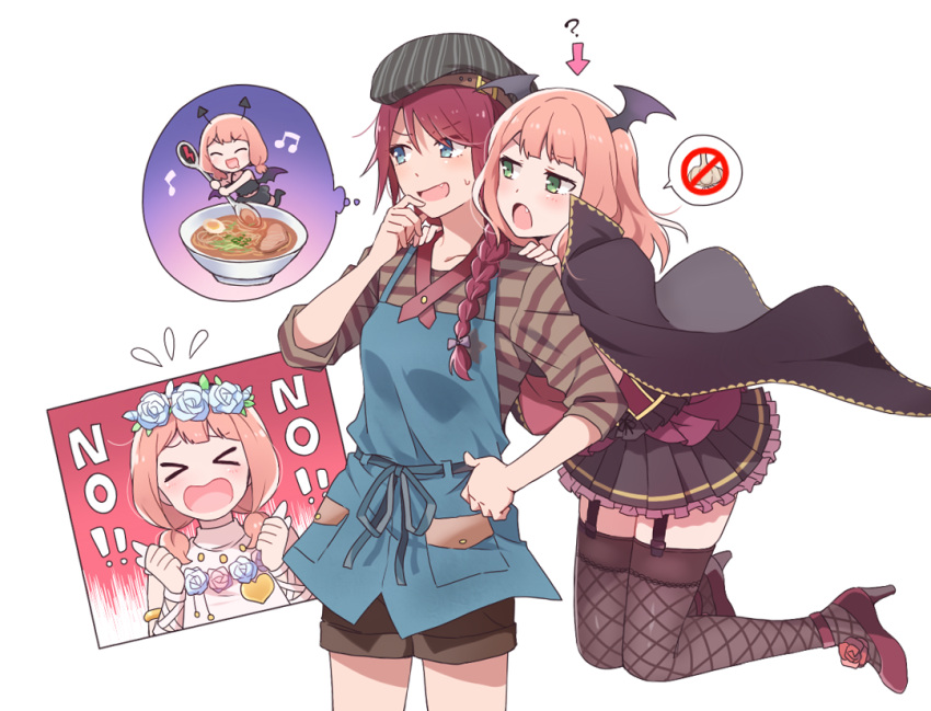 2girls, :d, :o, ?, alternate_hairstyle, angel_wings, ankle_strap, apron