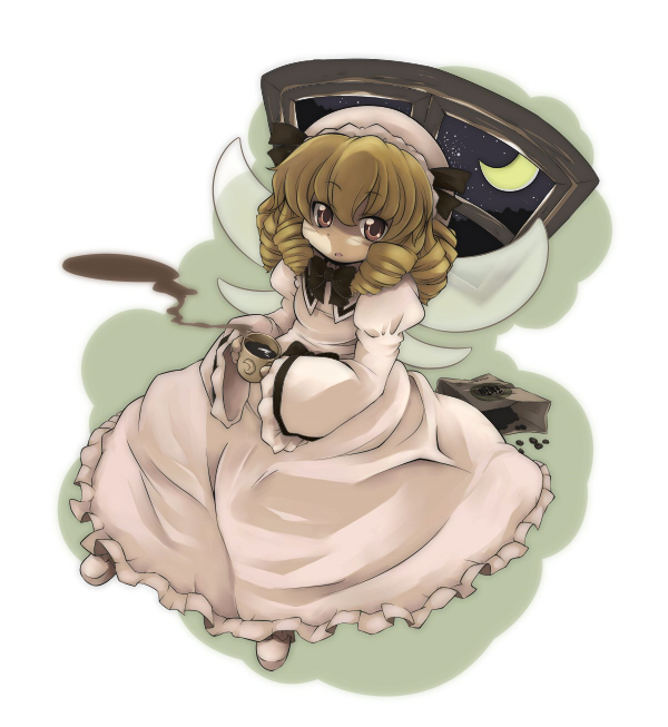 brown_eyes, coffee, drill_hair, drink, fairy, hat, luna_child, moon