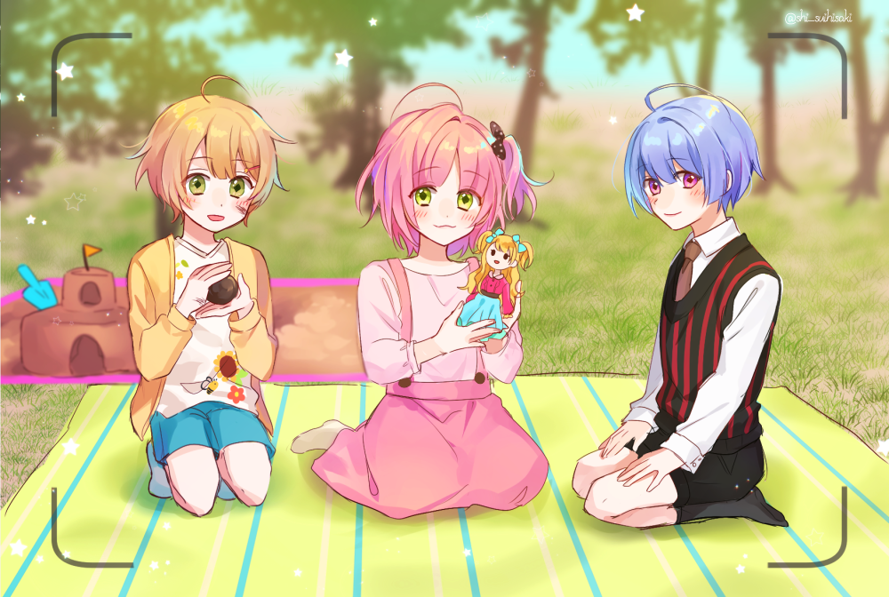 3boys, :3, ahoge, blue_hair, blush, child, crossdressinging, doll