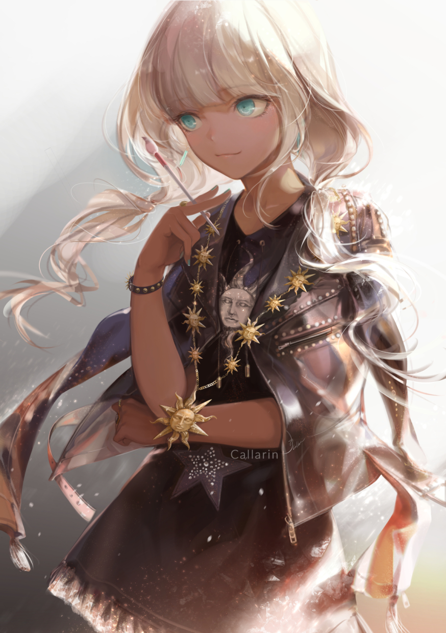 1girl, artist_name, blue_eyes, callarinc, closed_mouth, dangan_ronpa, highres, holding_object